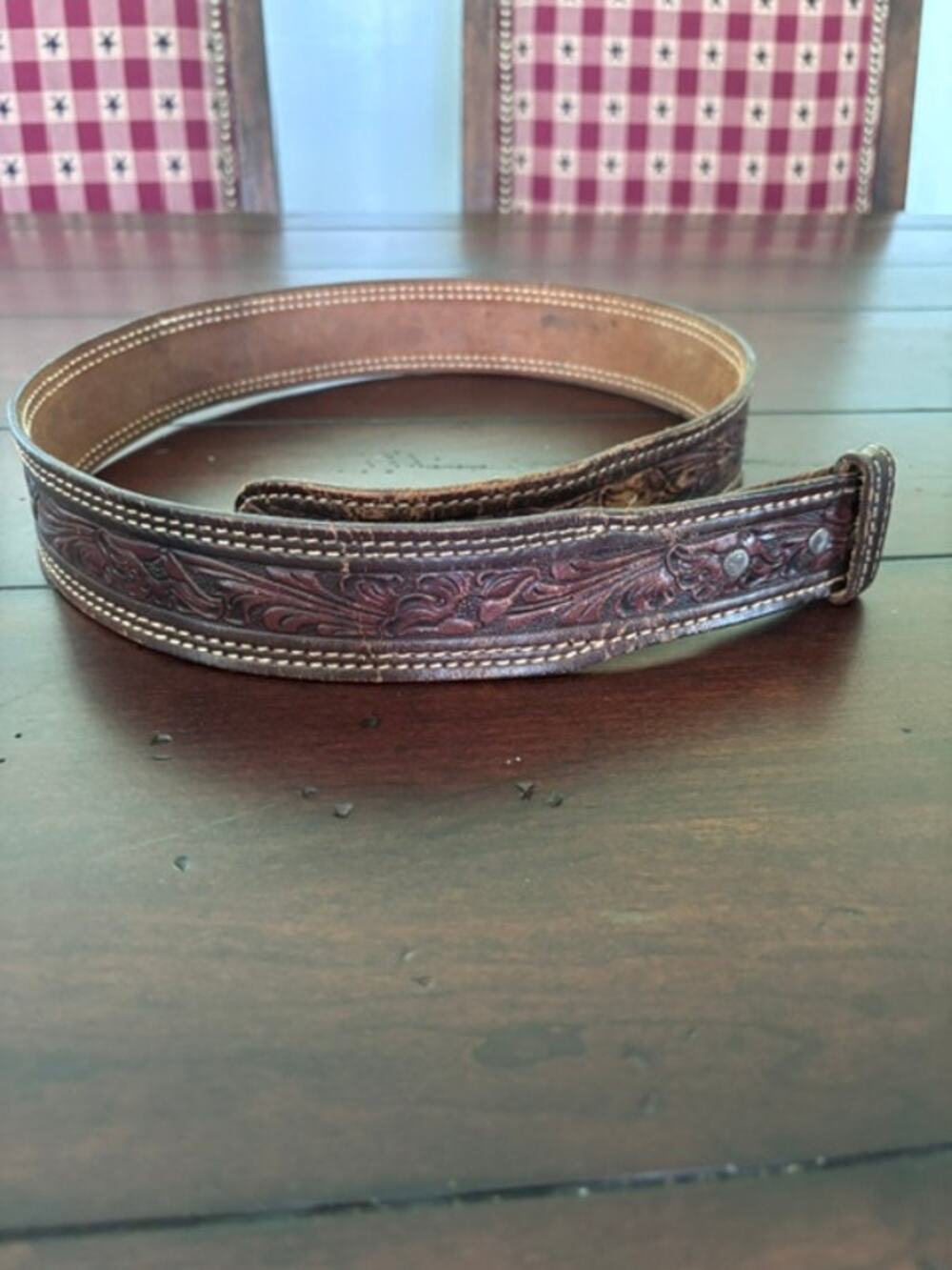 Vintage Western Tooled Leather Belt Strap Brown USA Made Size 34